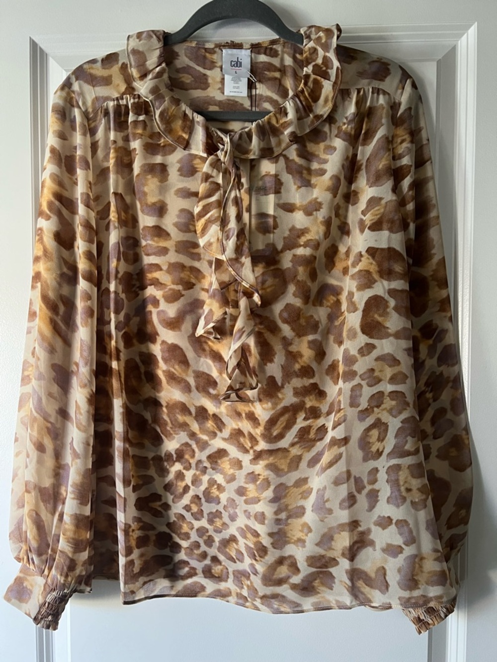 Cabi Ava Ruffle Tie-Neck Leopard Print Blouse - Tan/Brown